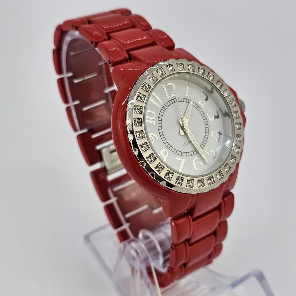 40MM Women's Watch White Dial Gemmed Bezel Red Metal Bands 7.5